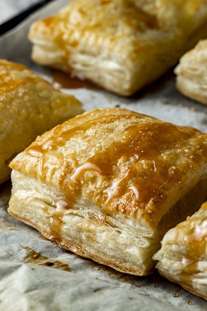 side view of baked puff pastry square