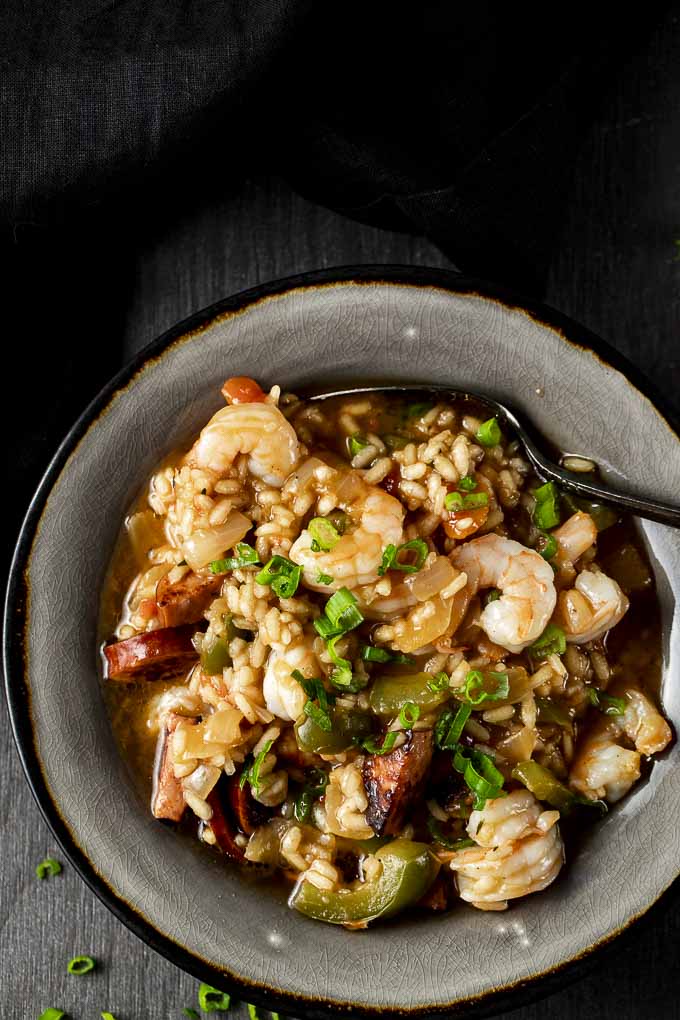 risotto in a bowl with vegetables and shrimp