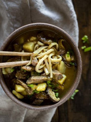 a bowl of brown gravy with noodles, beef and potato garnished with green onions