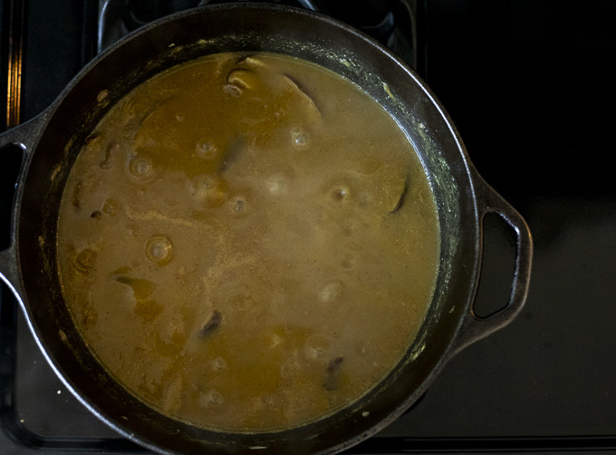 brown (sauce) liquid in a pot