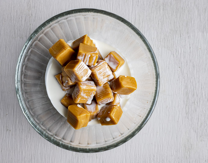 caramels in a bowl with cream