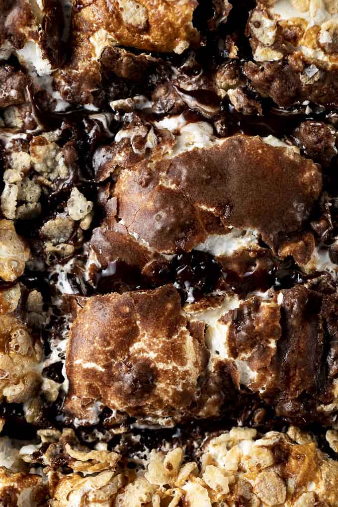 close up photo of brownies with marshmallow and caramel