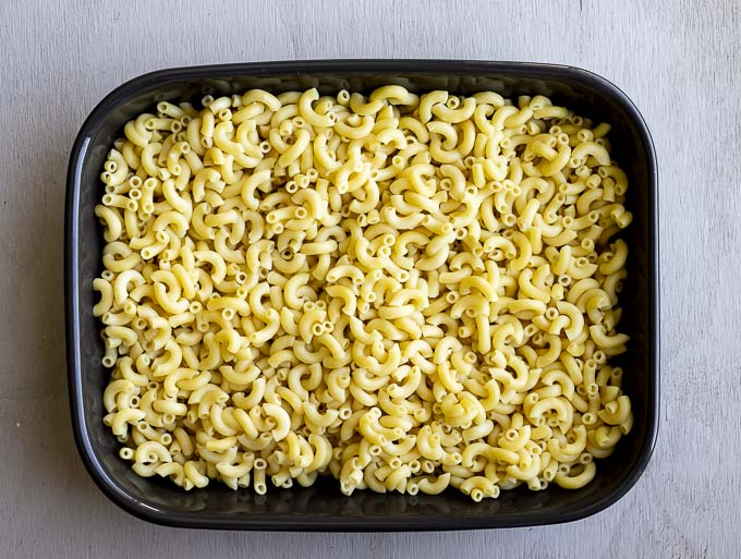 cooked macaroni in a baking dish