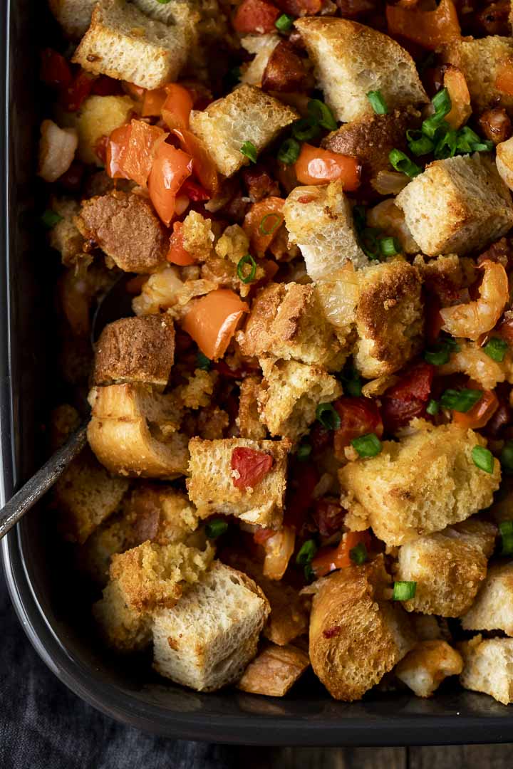 cubes of stuffing with red peppers