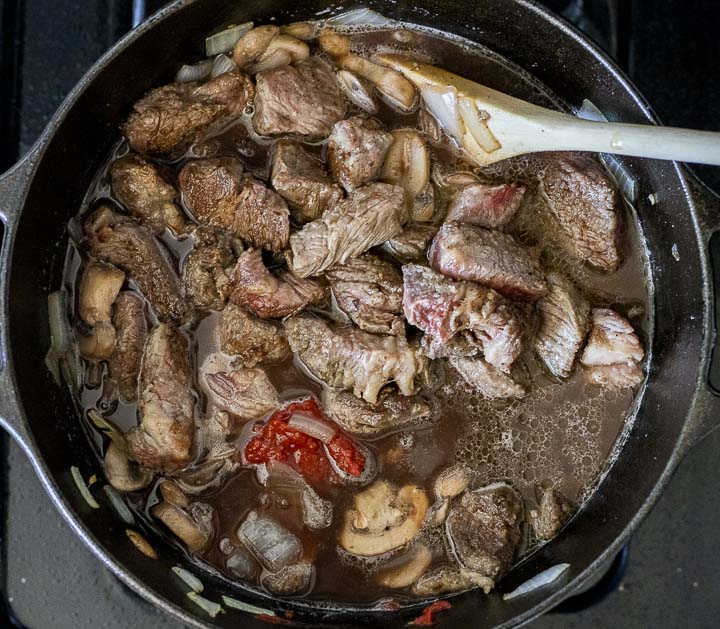 beef in a soup in a pot
