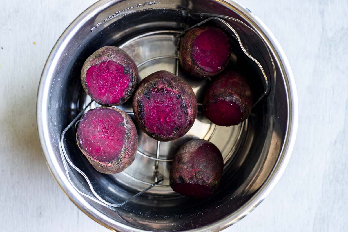 raw beets with the tops cut off in a pot