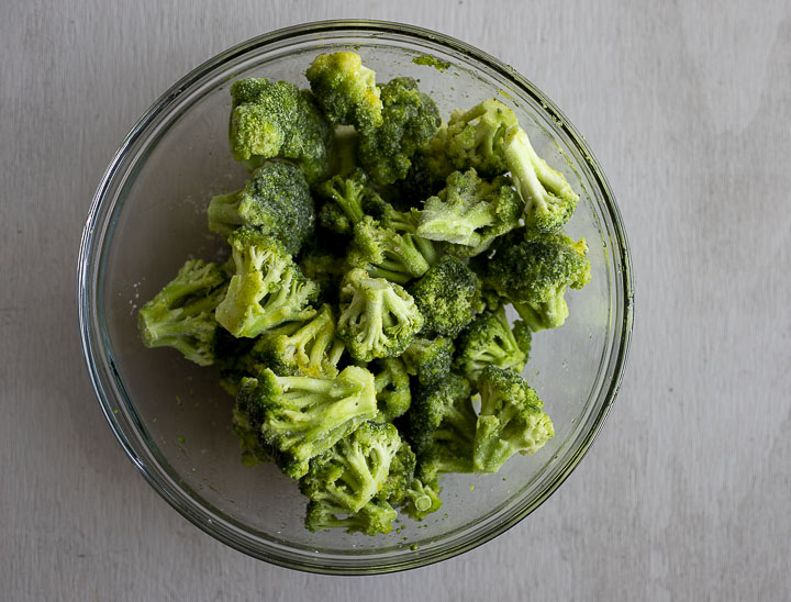 frozen broccoli florets in a bowl