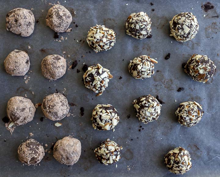 chocolate truffles rolled in nuts and cocoa powder