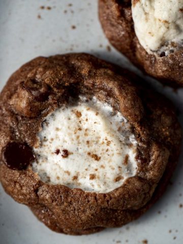 a chocolate cookies with white marshammlow in the middles sprinkled with cinnamon