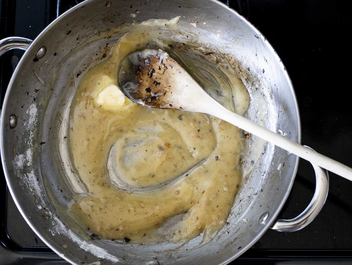 a roux cooking in a skillet