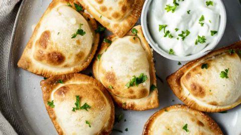 pierogies on a plate with sour cream
