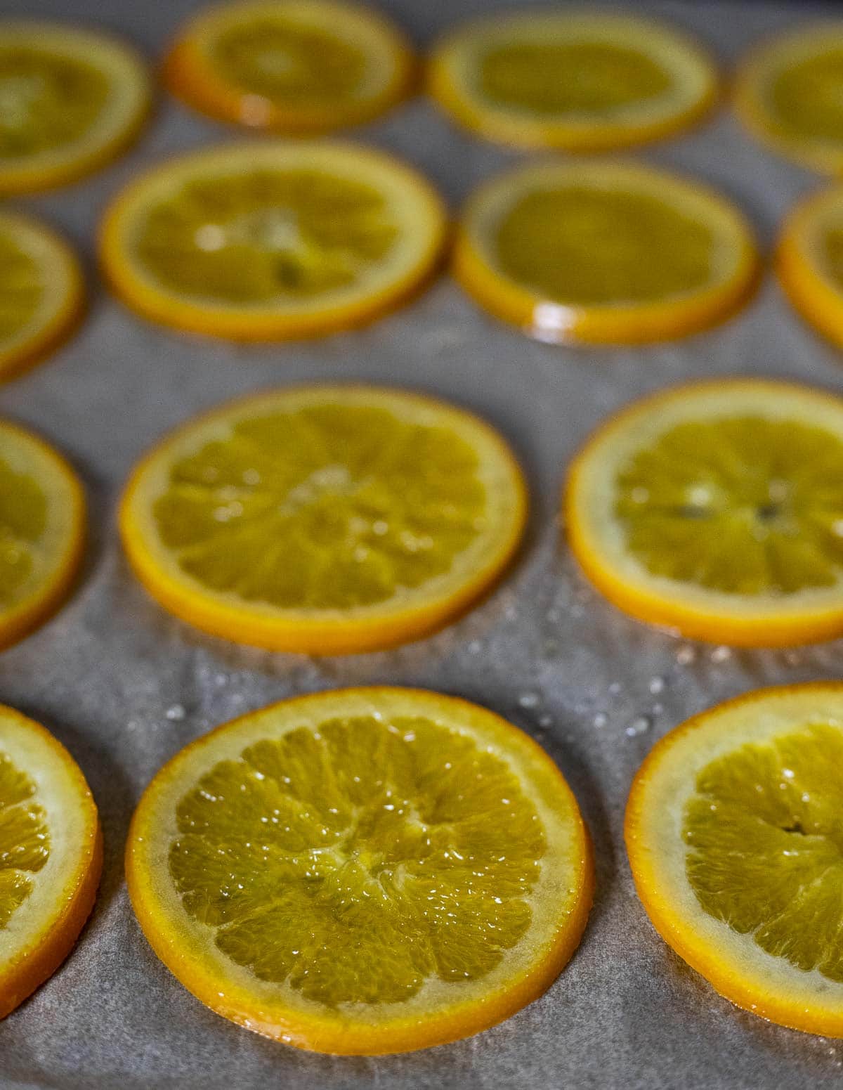 Orange slices drying on a sheet of parchment paper.