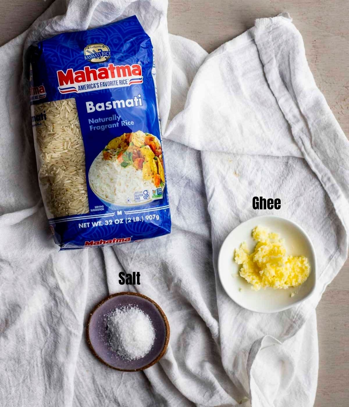 Ingredients to make Instant Pot basmati rice arranged individually.