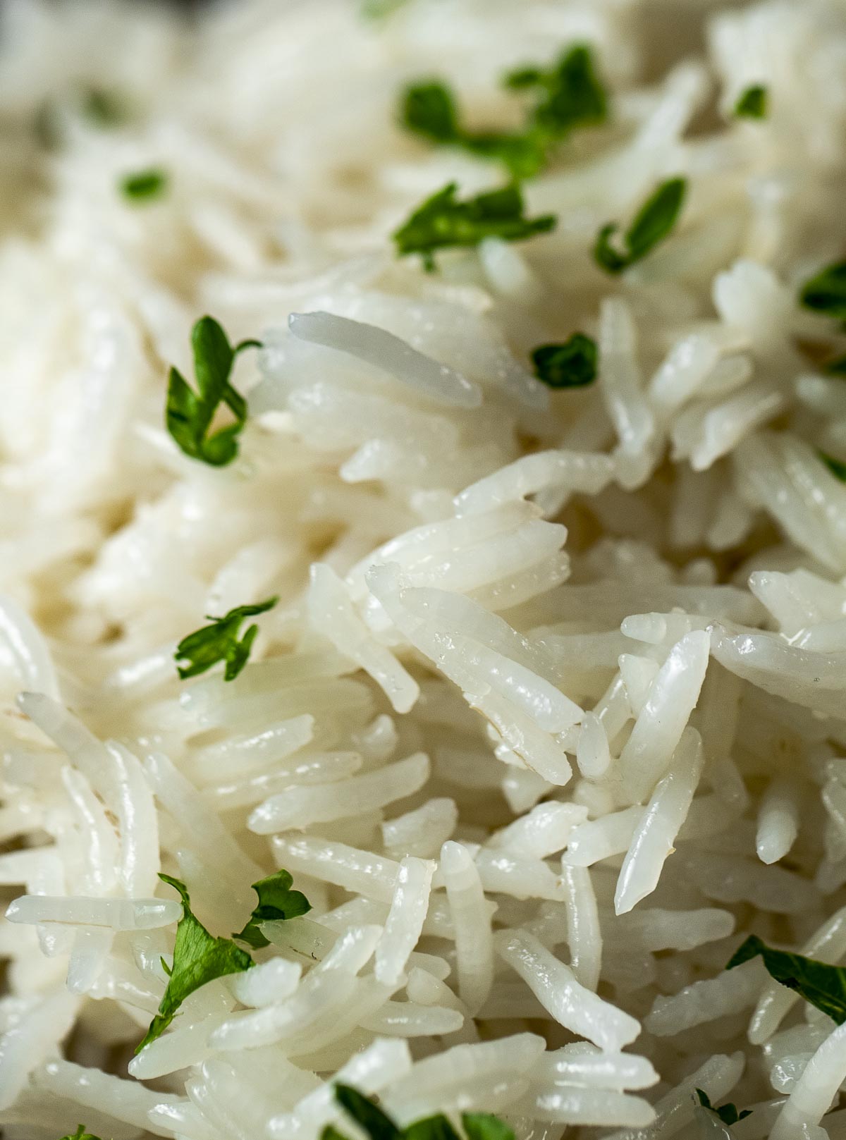 Close up view of cooked grains of basmati rice.