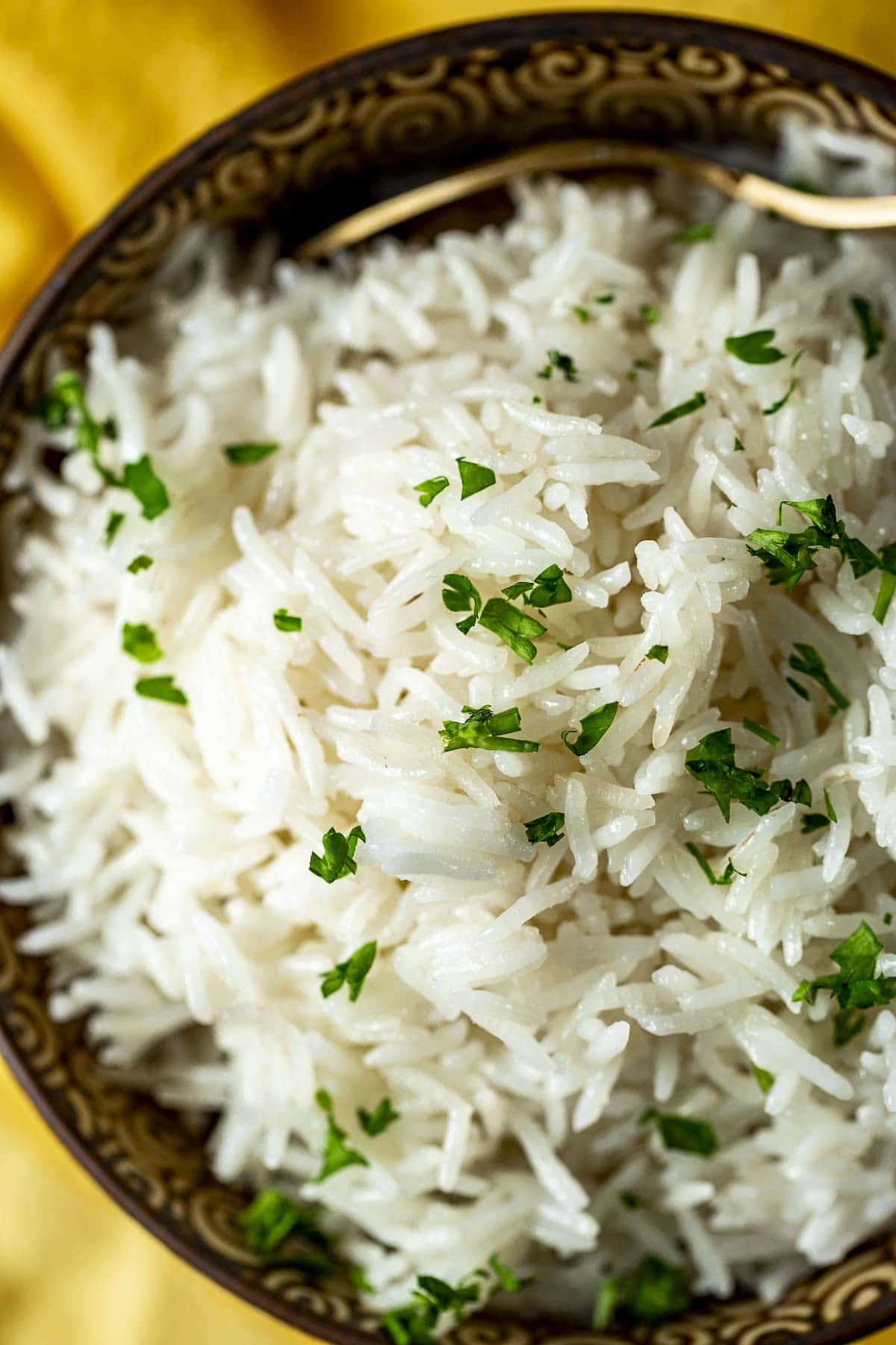 Close up overhead view of Instant Pot basmati rice in a bowl.