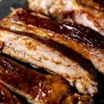 Side view of sous vide ribs cut into pieces.
