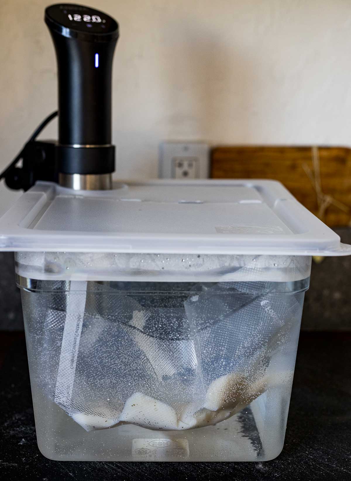 scallops in a plastic bag in a plastic container with immersion circulator