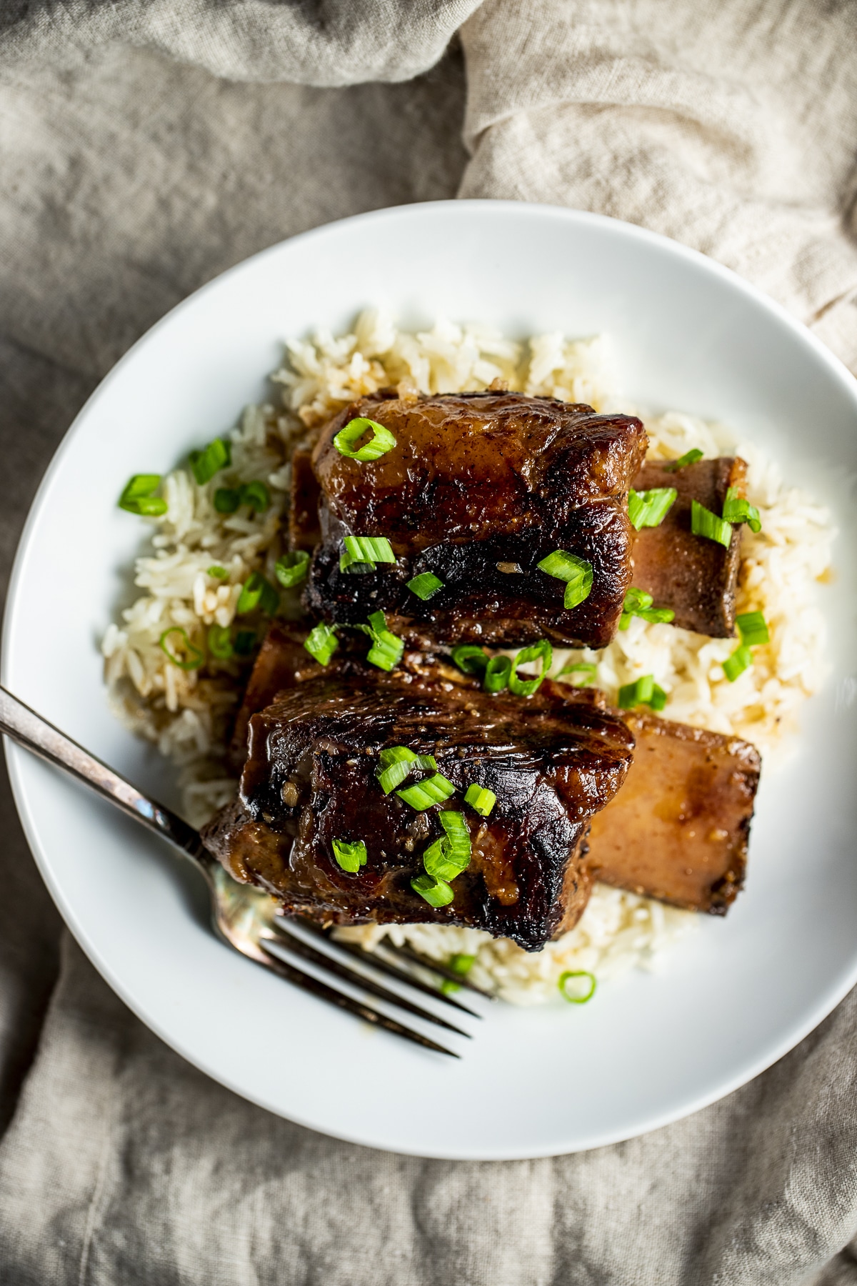 Overhead view of short ribs served with rice and chopped green onion.