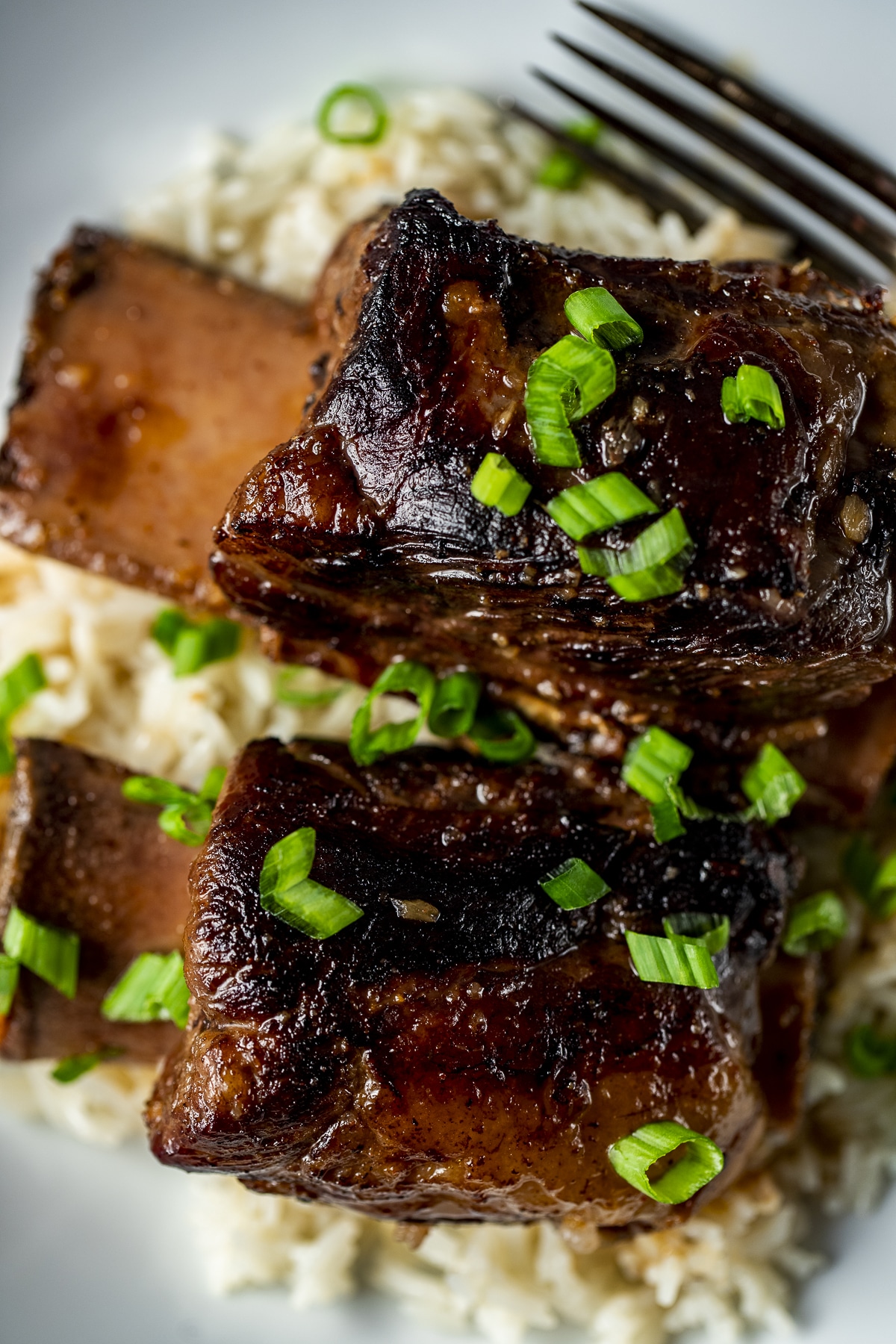 Close up view of two short ribs garnished with green onions.
