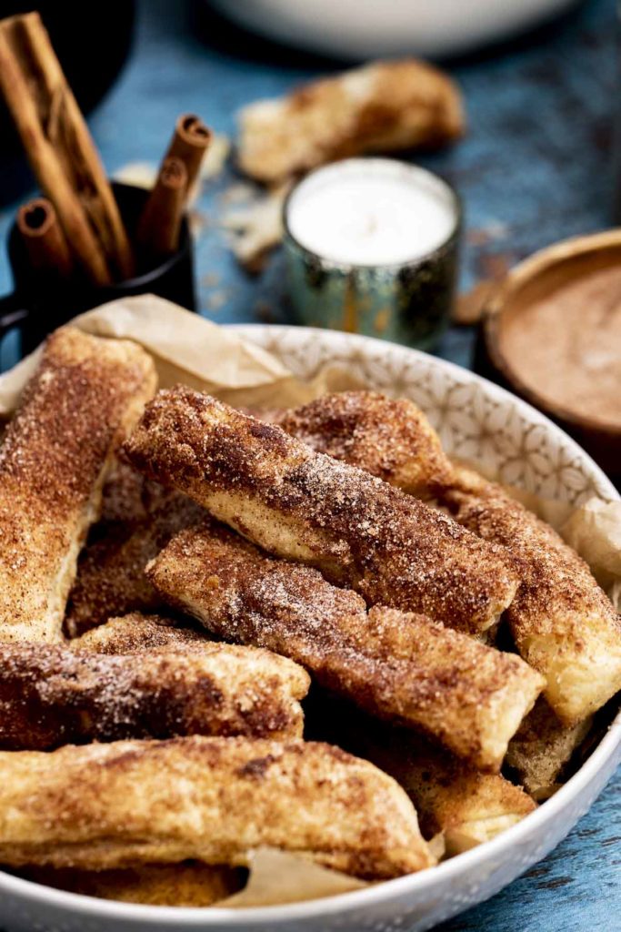 A bowl of air fryer churros.
