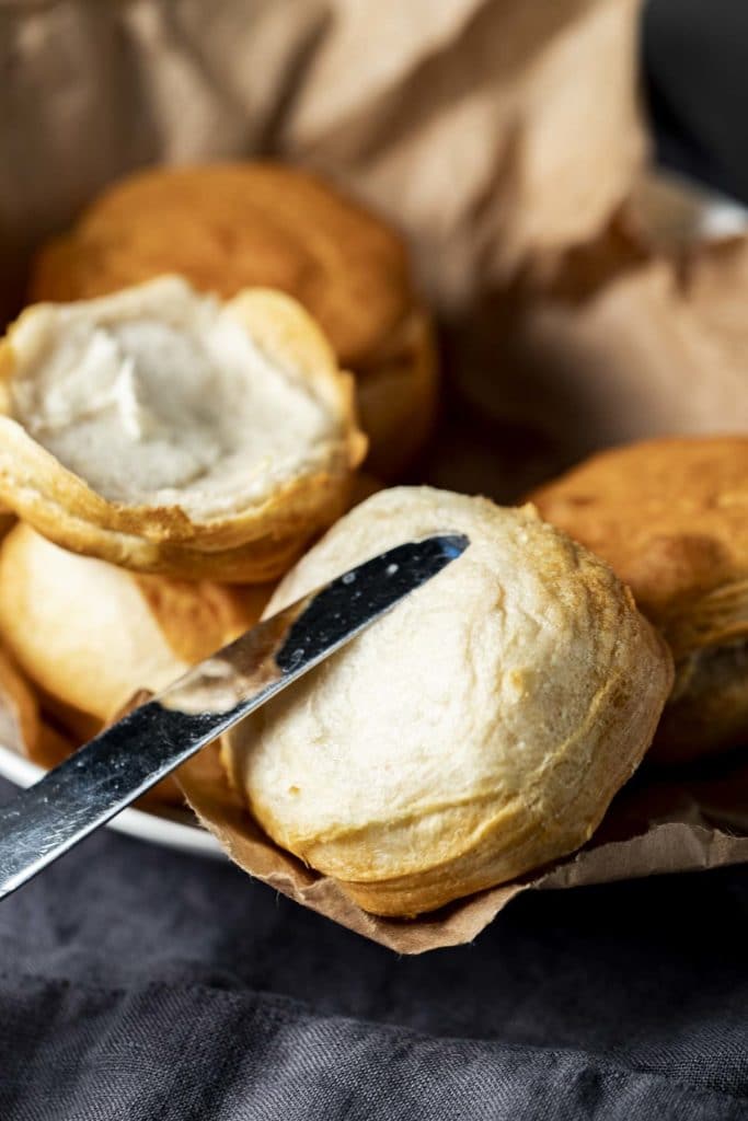 Air fried biscuit cut opened.