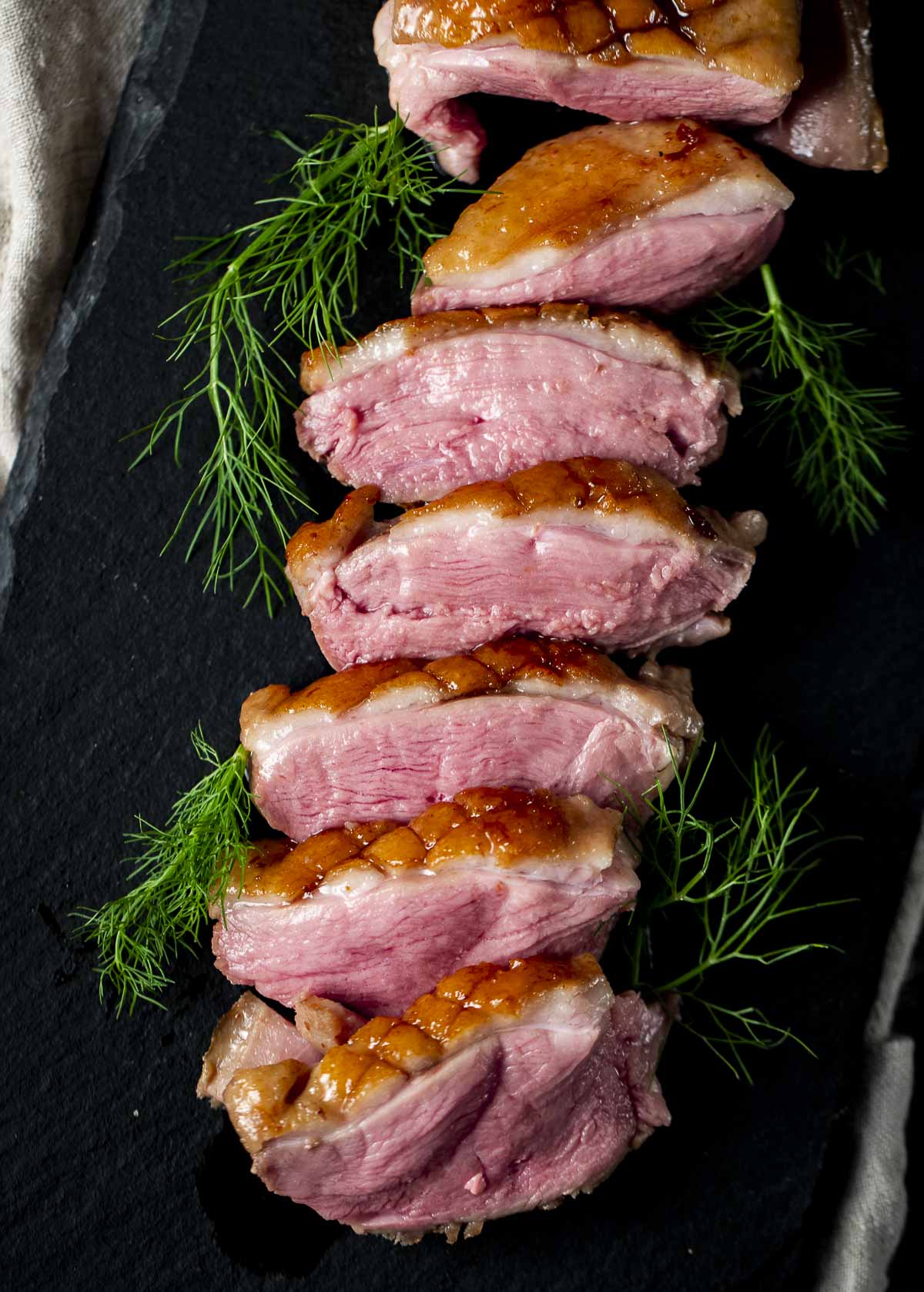 Sliced sous vide duck breasts.