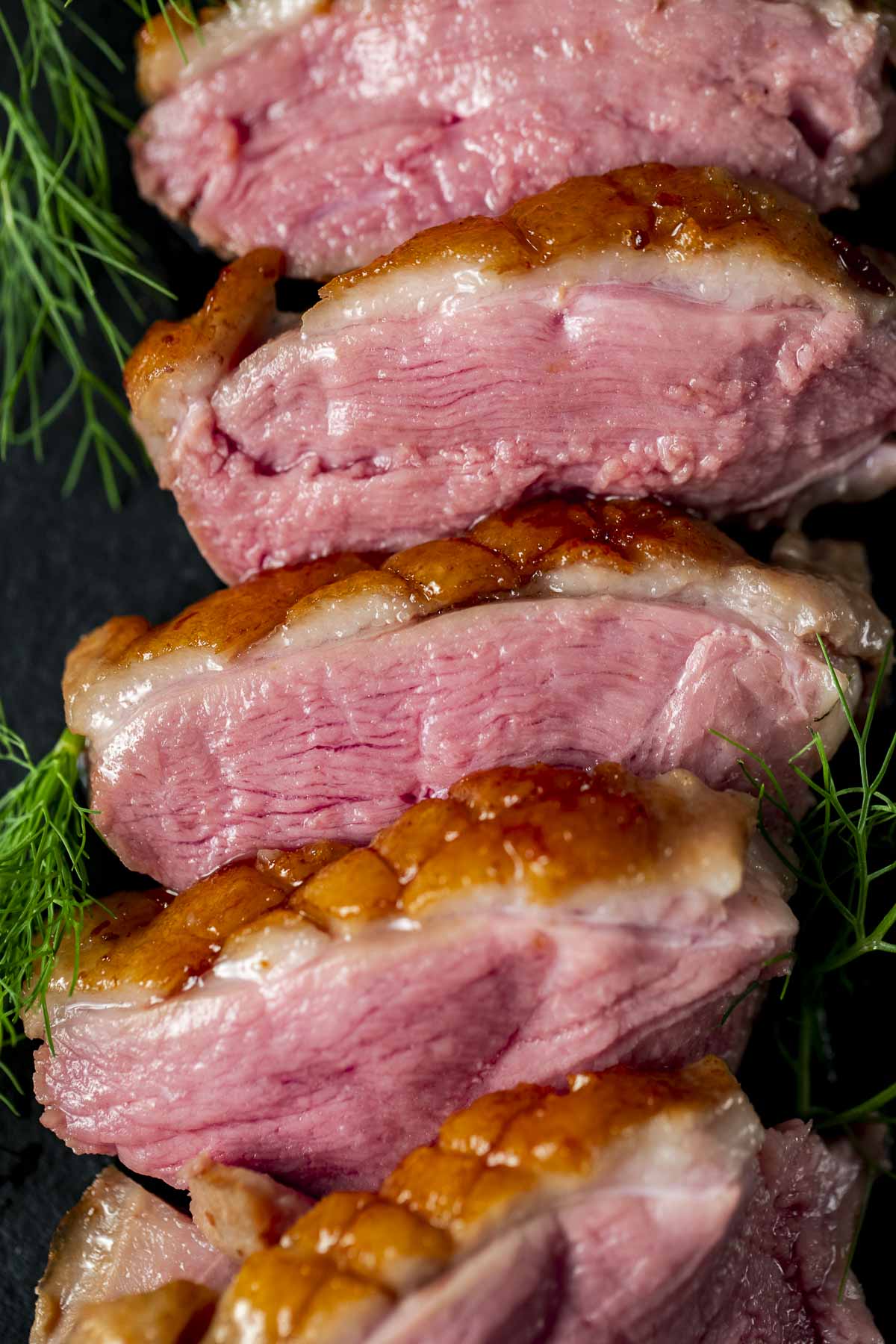 Close up image of sous vide duck breasts.
