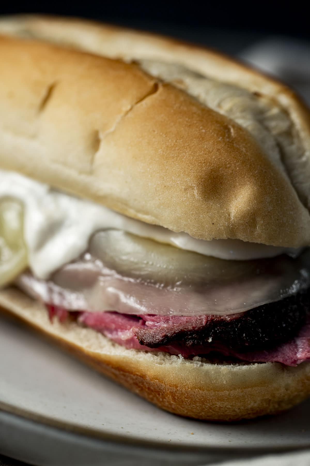 Close up side view of a beef dip sandwich on a plate.