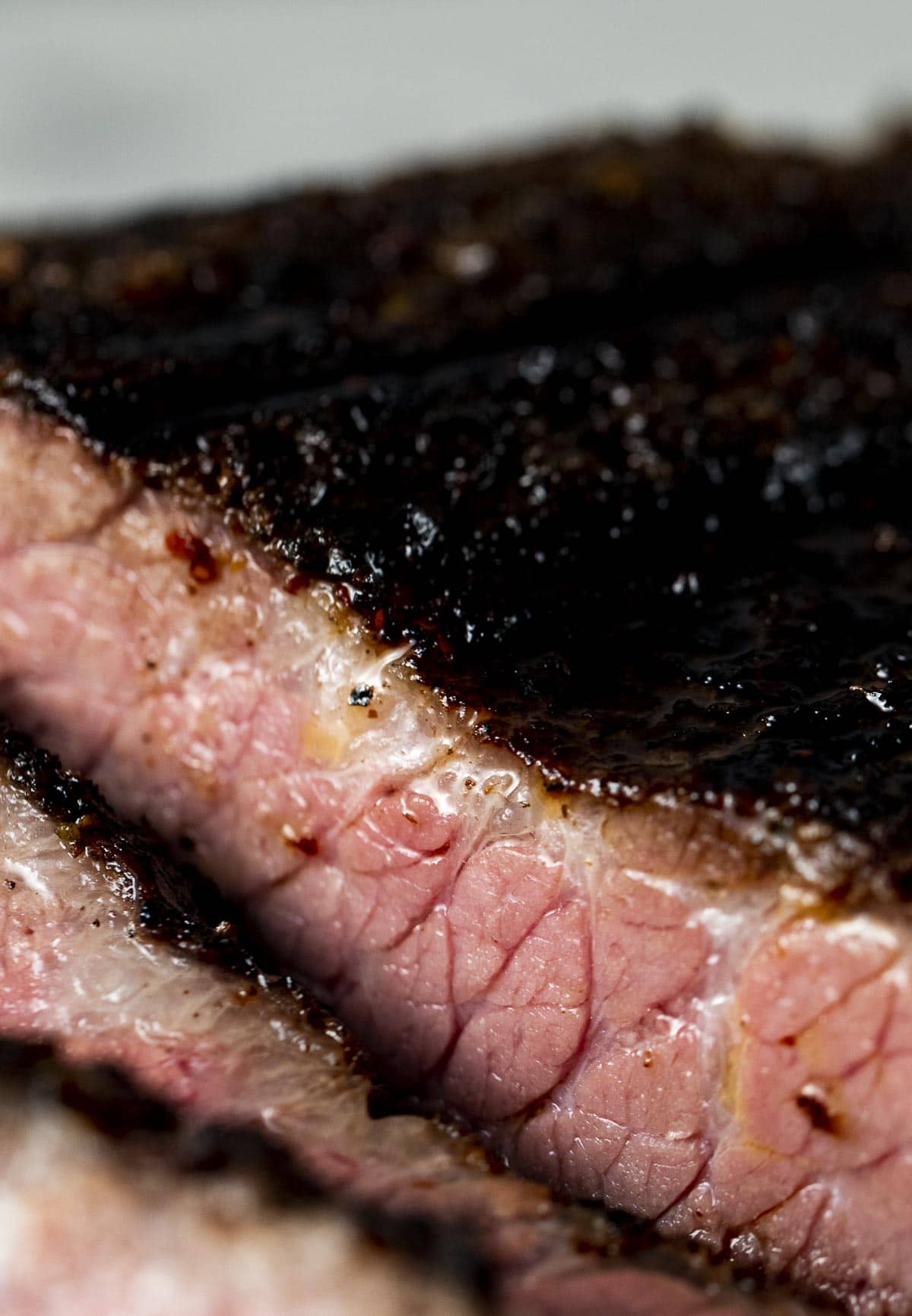 Close up of a tender and juicy sous vide brisket.