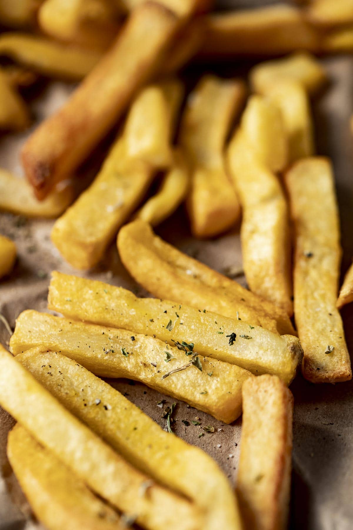 Close up of air fried french fries.