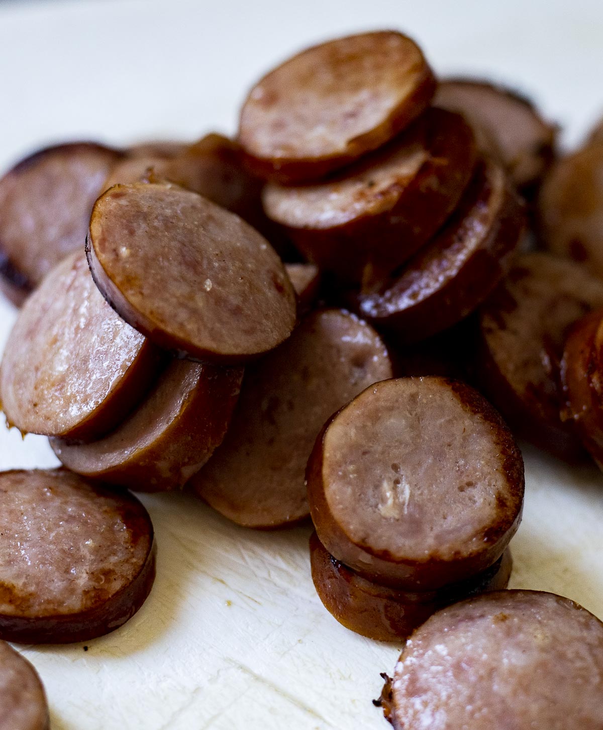 Smoked sausage sliced and browned for the seafood rice.