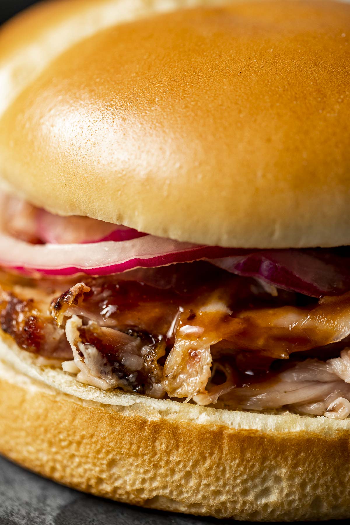 Close up side view of pulled pork and pickled onions on a bun.