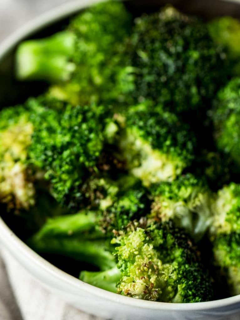 Close up of air fried broccoli.