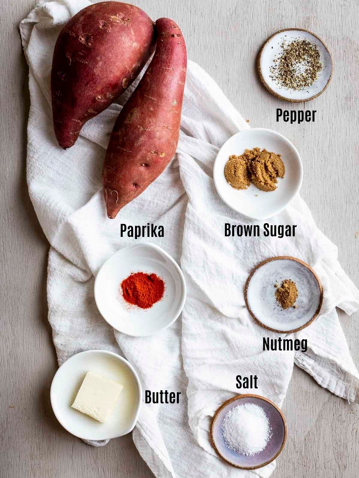 Ingredients to make sous vide sweet potatoes arranged individually and labelled.