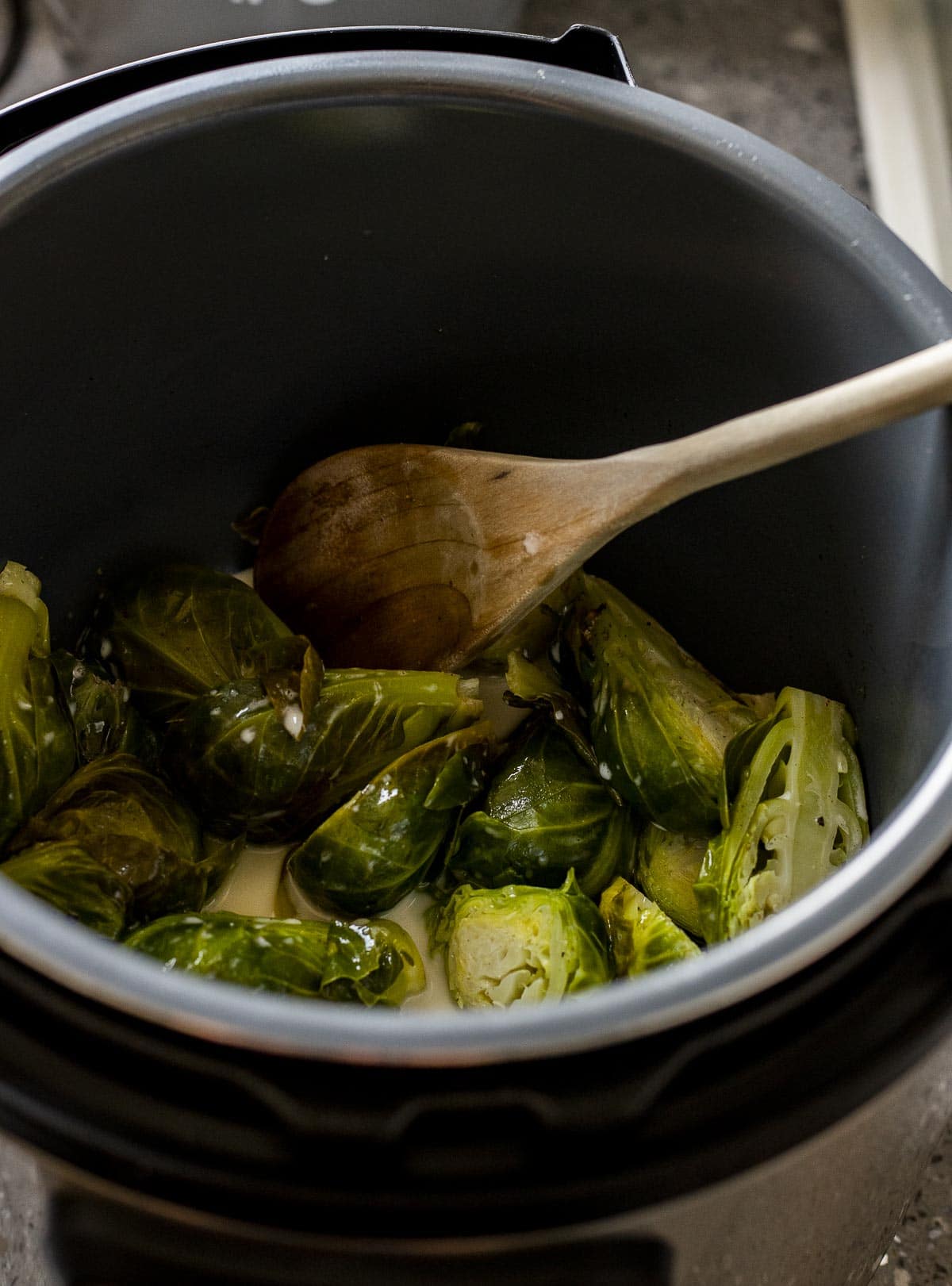 Cooked brussels sprouts in the Instant Pot.