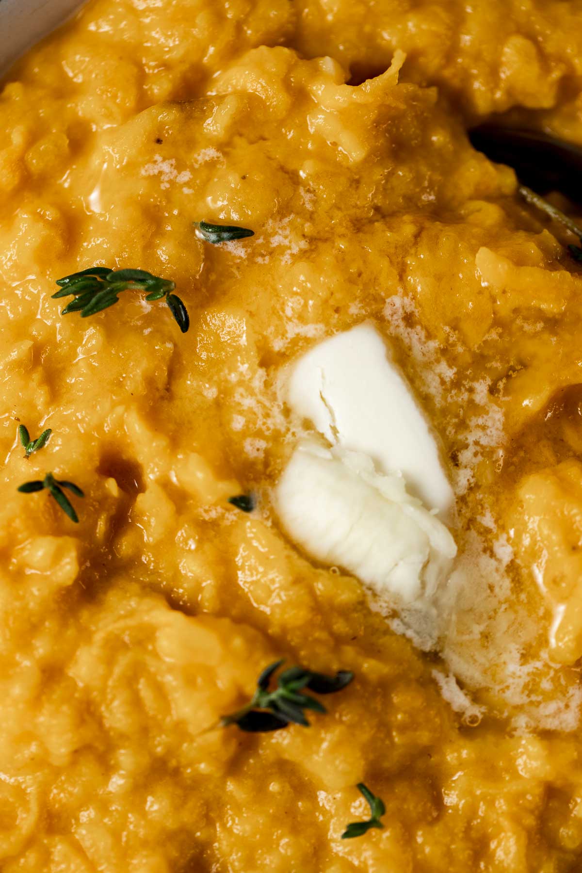 Close up view of mashed sweet potatoes topped with melting butter.