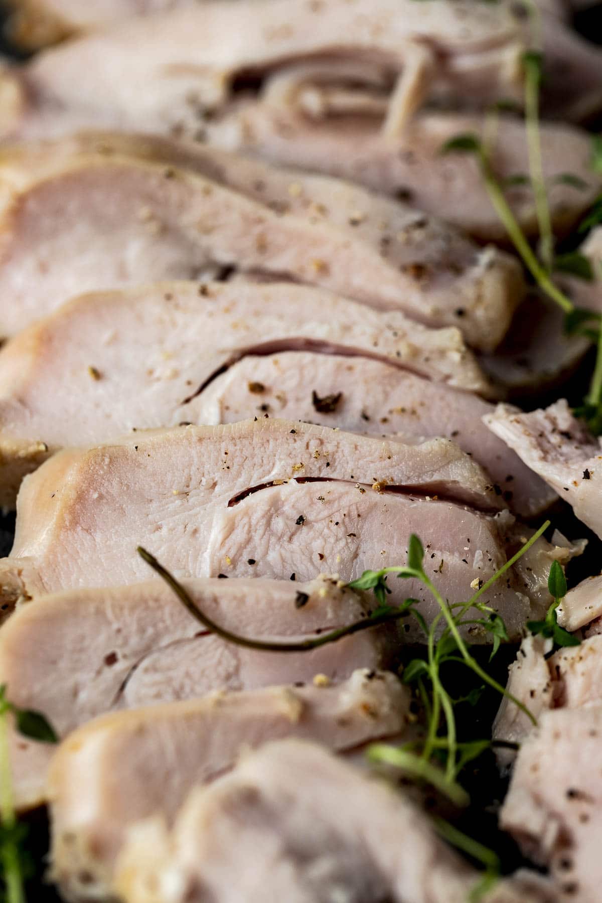 Close up of turkey breast slices.