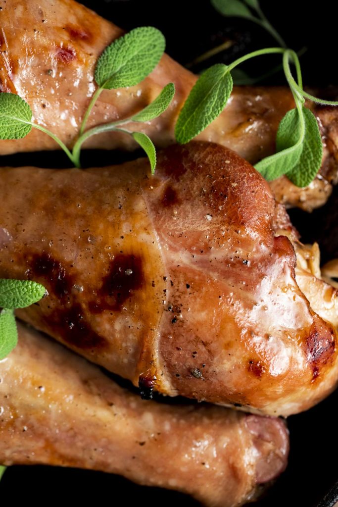 Close up view of a golden brown turkey leg.