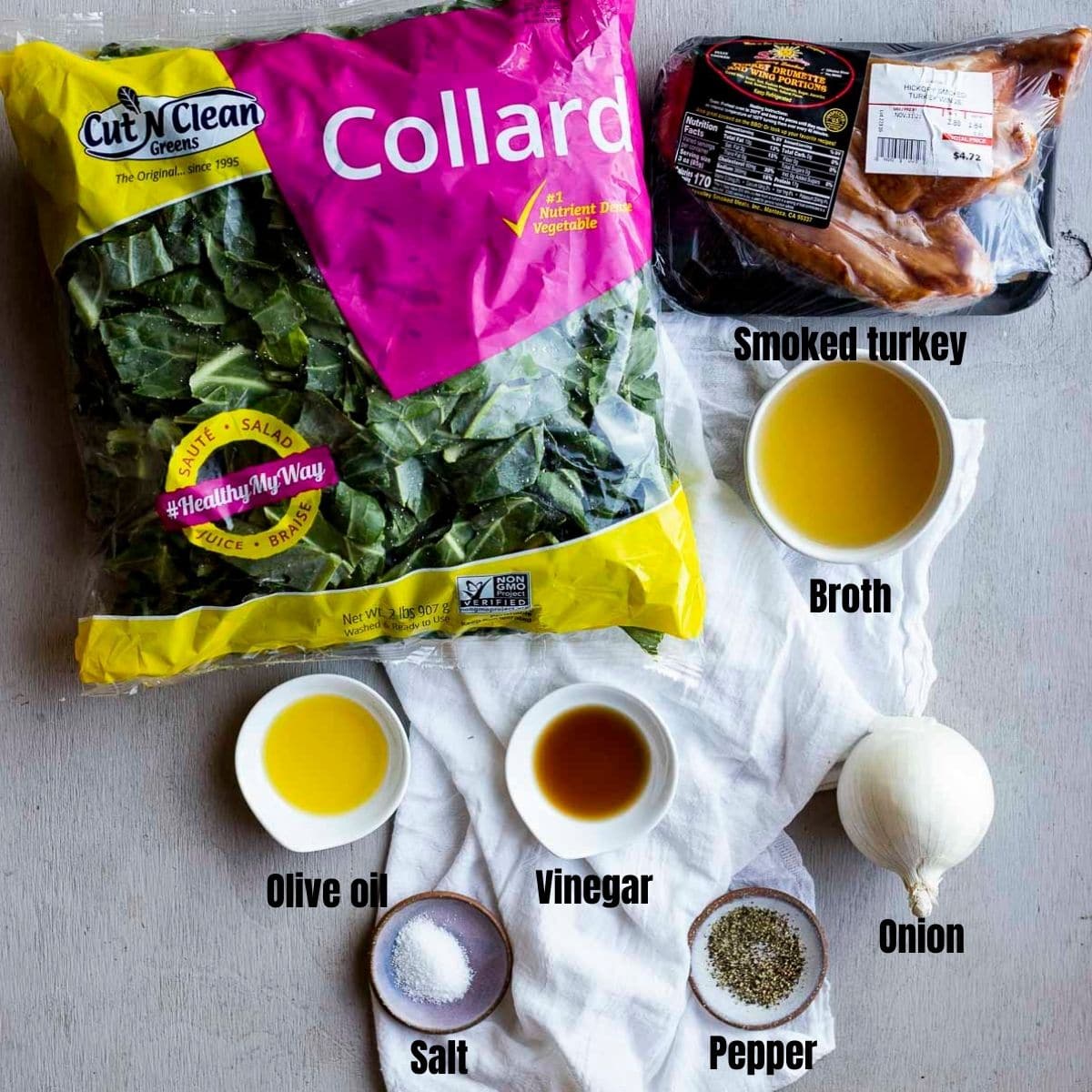 Ingredients to make Instant Pot collard greens arranged individually and labelled.