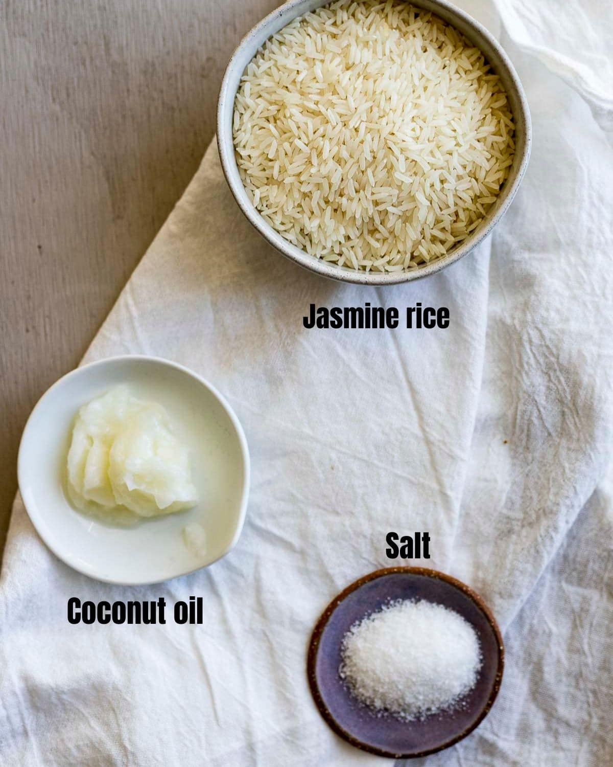Ingredients to make Instant Pot jasmine rice arranged individually and labelled.