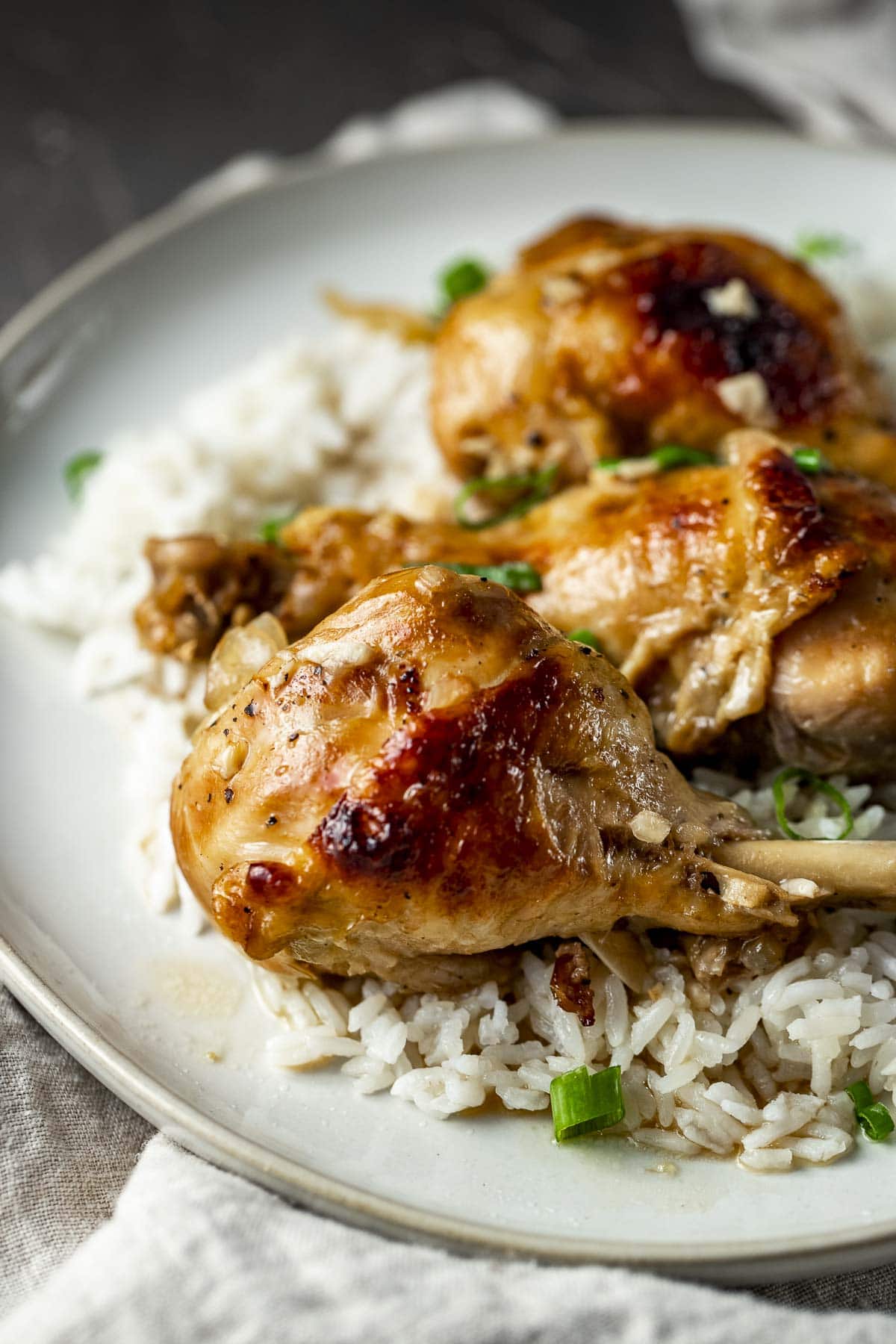 Close up of a chicken drumstick with white rice on a white plate.