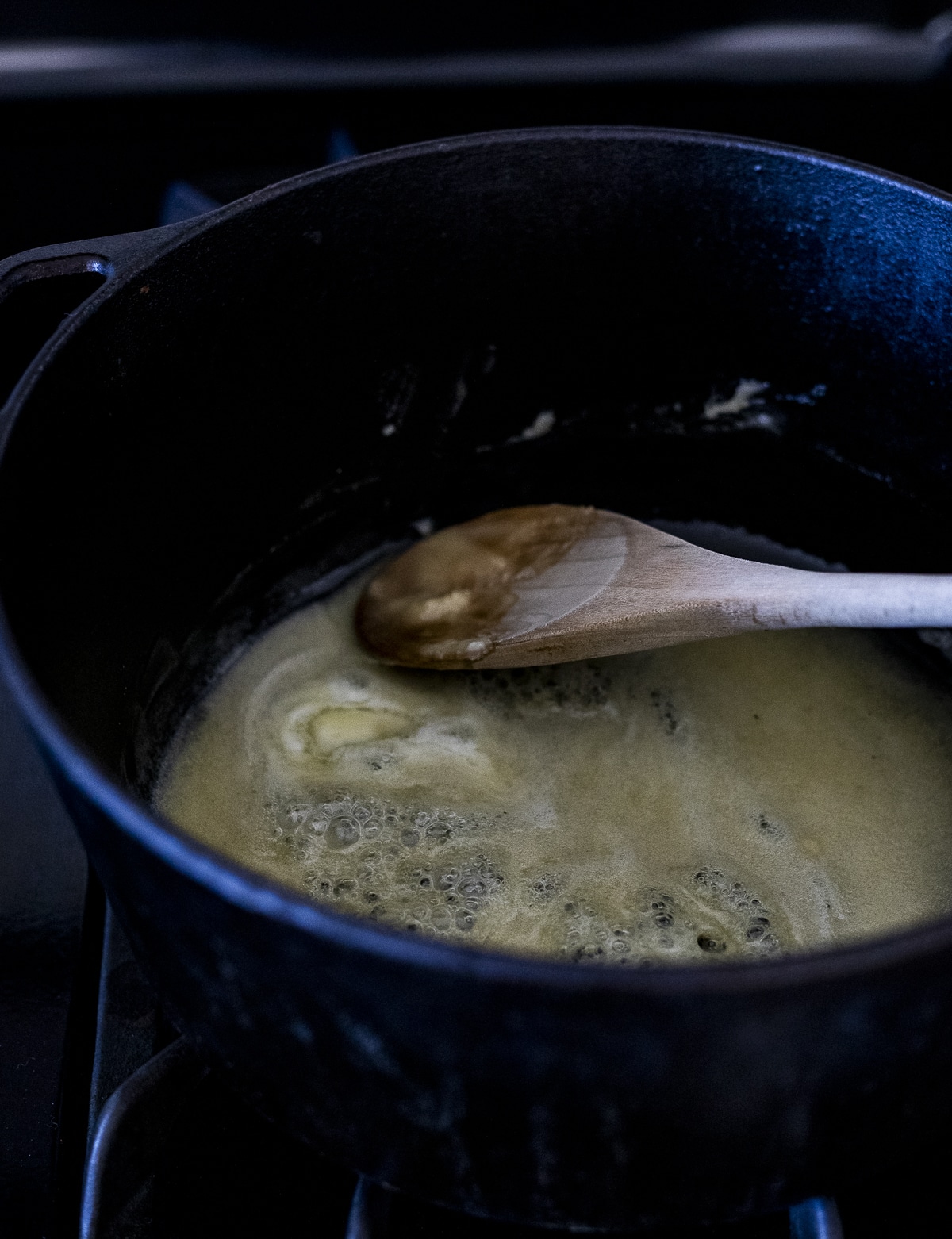 Roux being made in a Dutch oven.