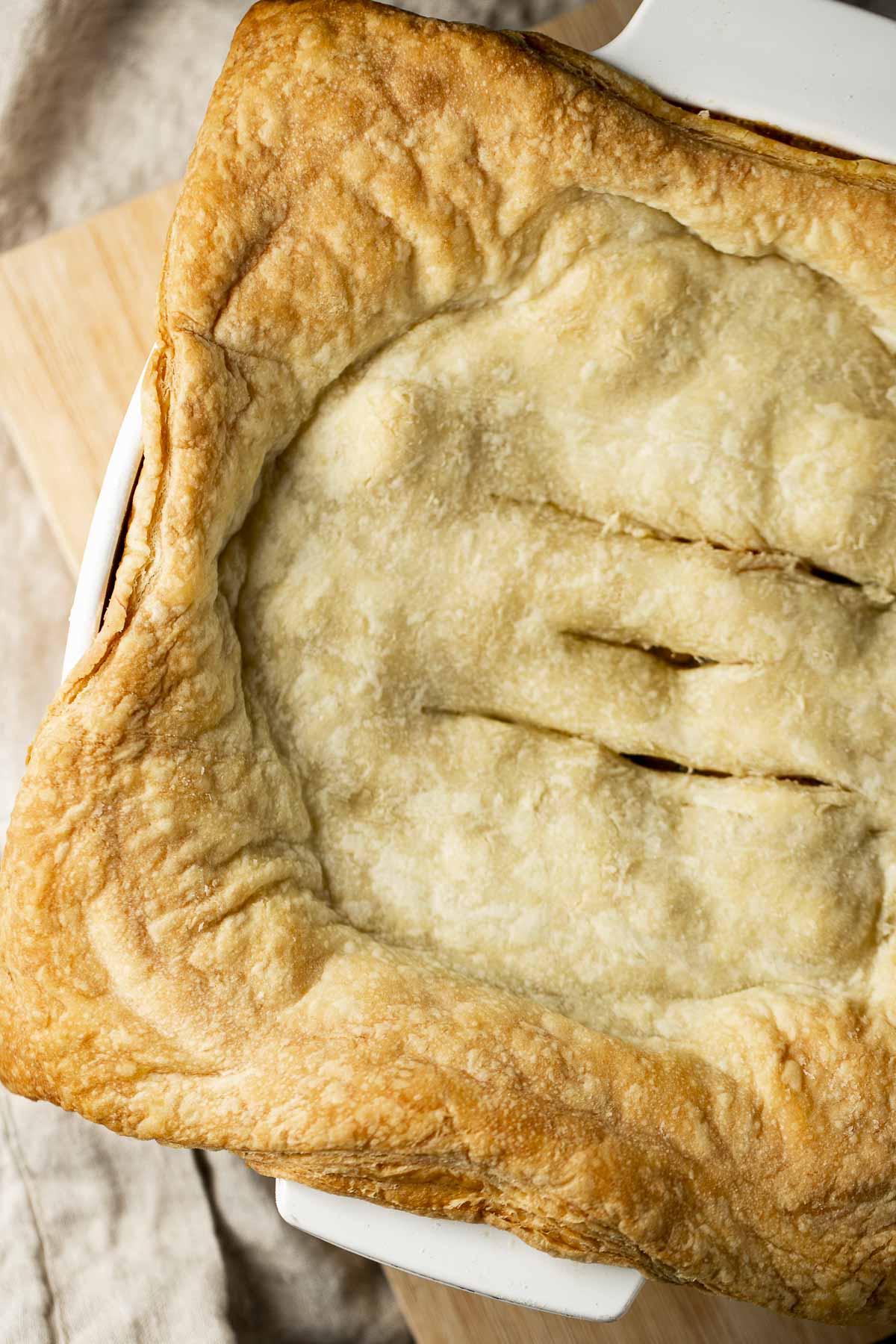 Overhead view of flaky puff pastry topping on the pot pie.
