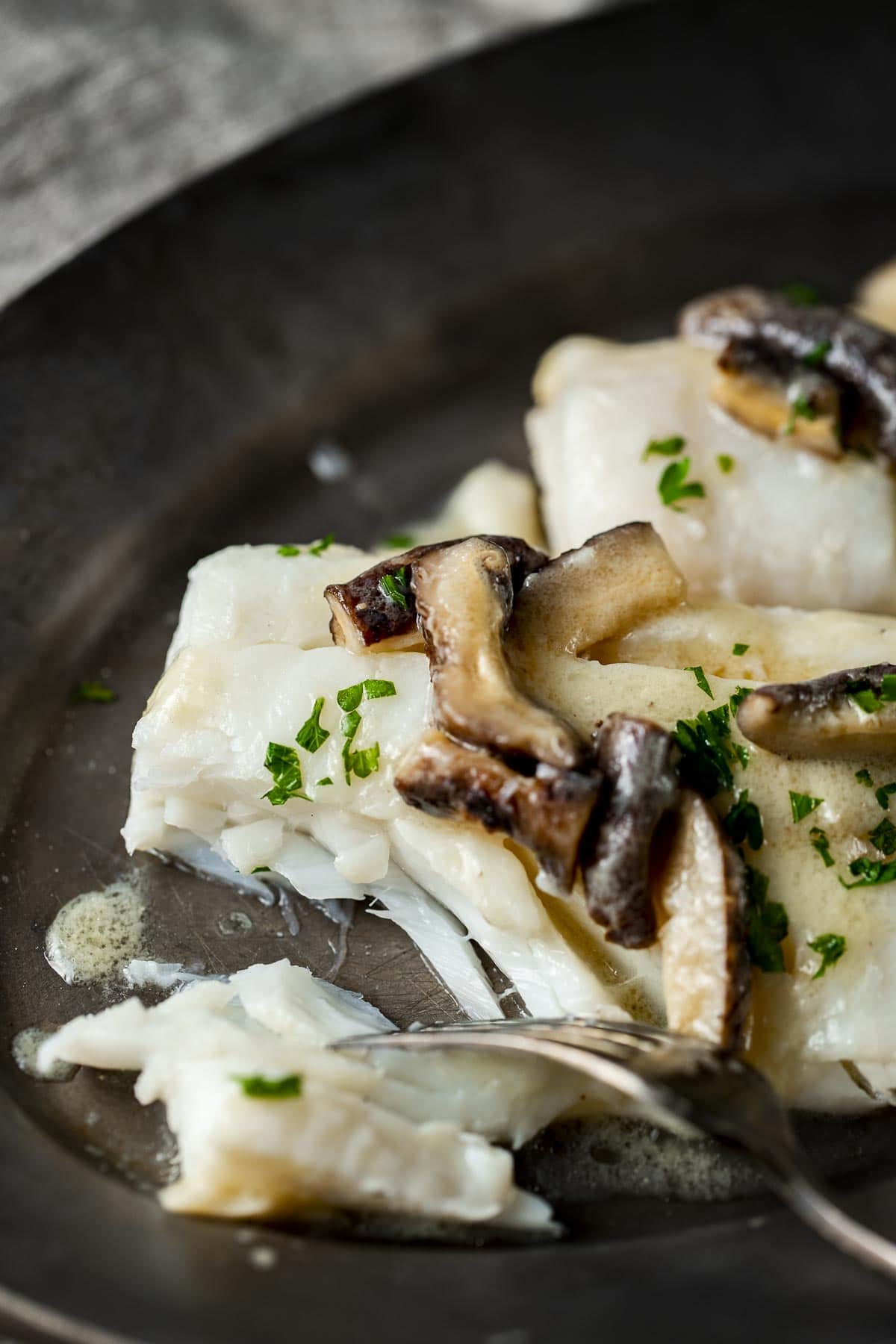 Close up view of a cod fillet with a piece flaked off by a fork.