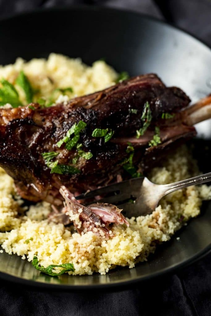 Side view of a lamb shank served with couscous.