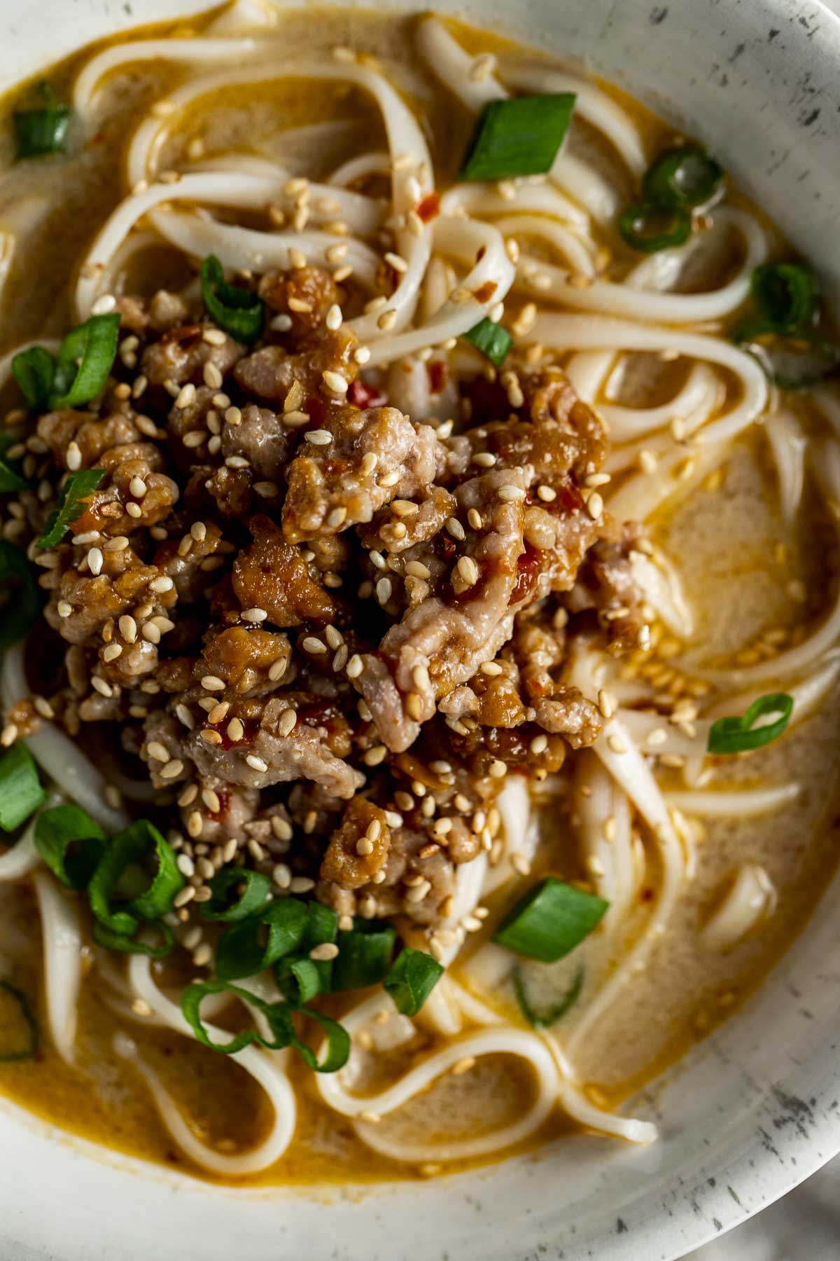 Overhead view of ground pork served over noodles and topped with sesame seeds and green onions.