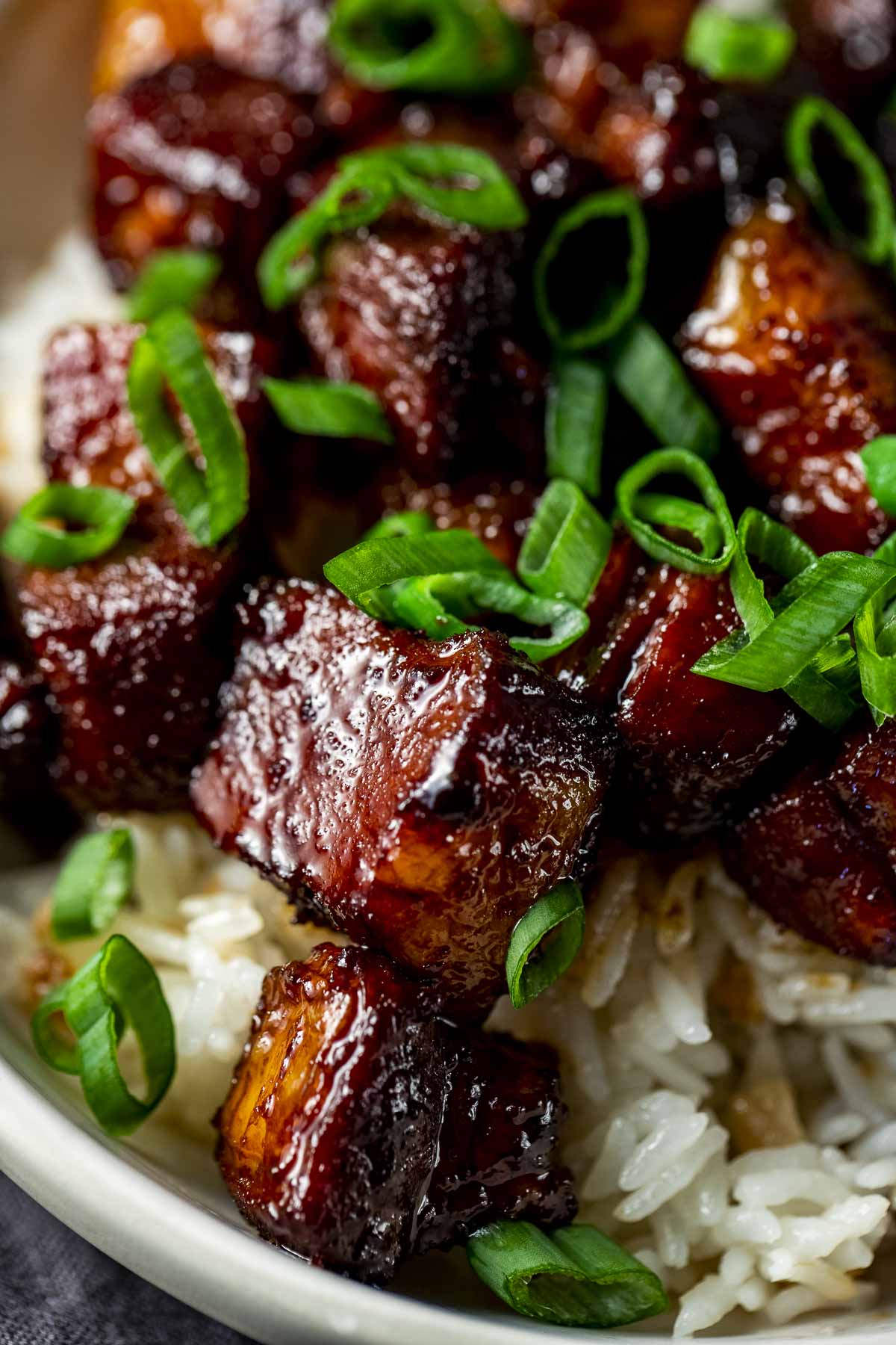 Close up view of sweet and sticky pork belly on top of rice and garnished with green onion.