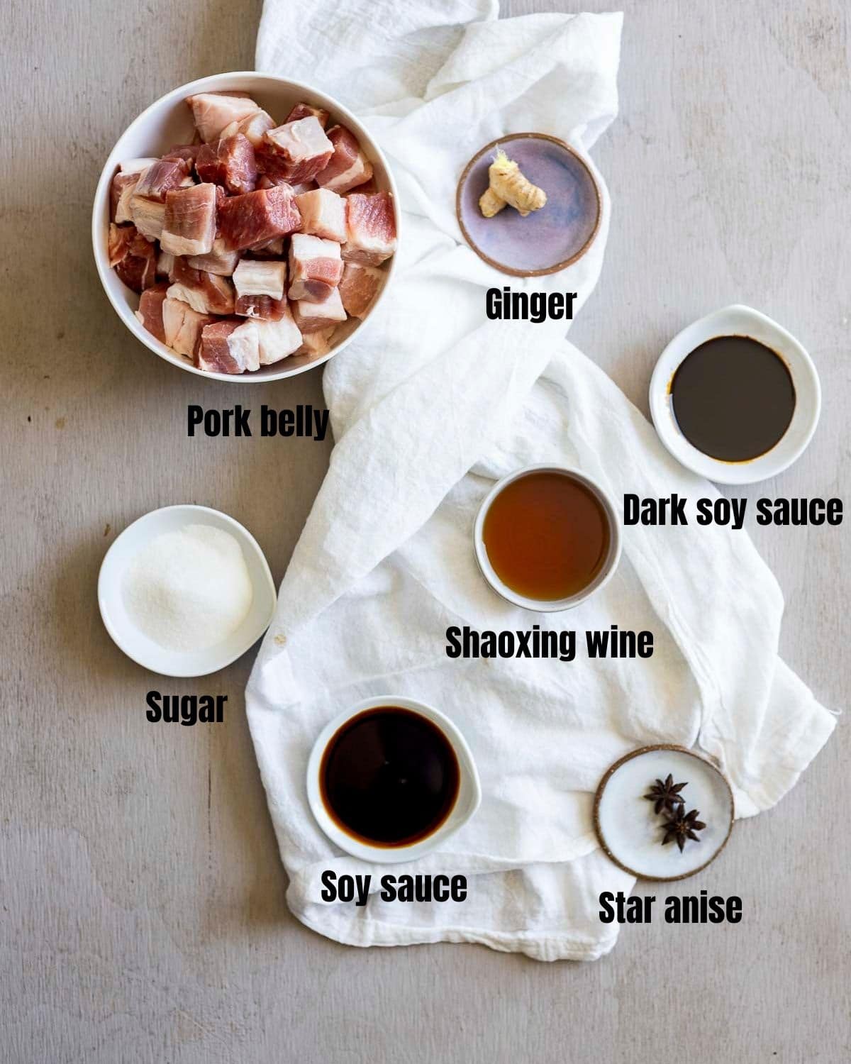 Ingredients to make Chinese braised pork belly arranged individually and labeled.