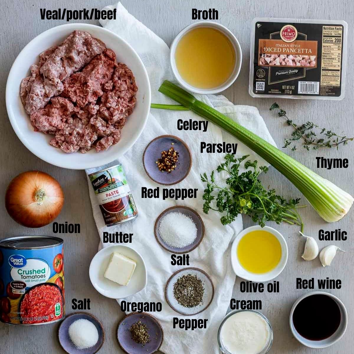 Ingredients to make Instant Pot bolognese arranged individually and labelled.