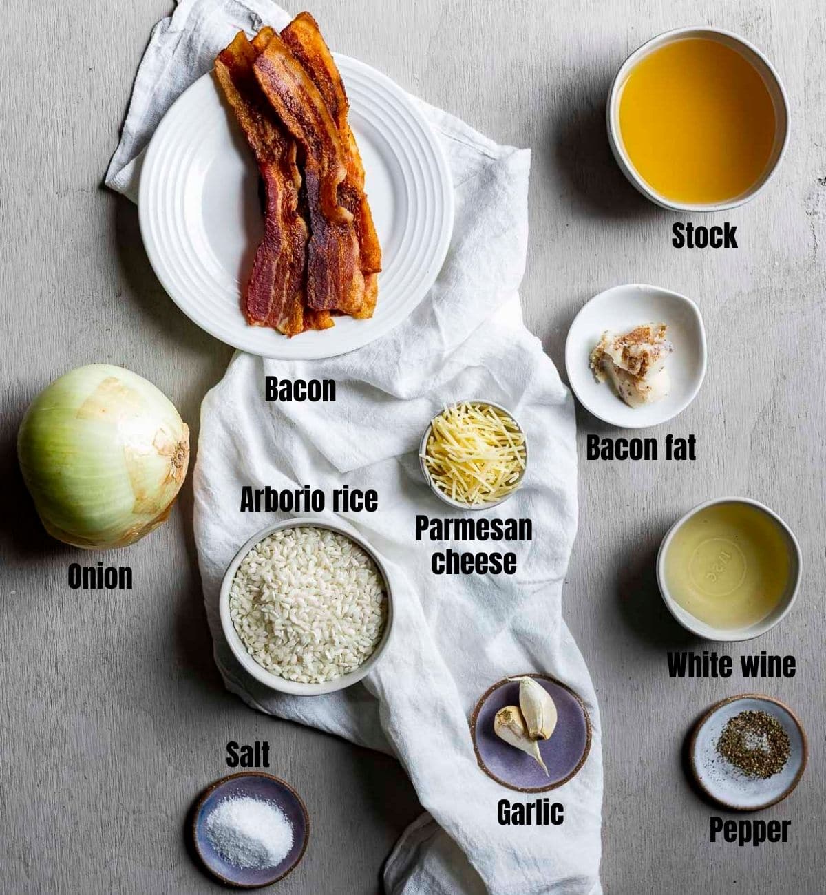 Ingredients to make bacon and pea risotto arranged individually and labeled.